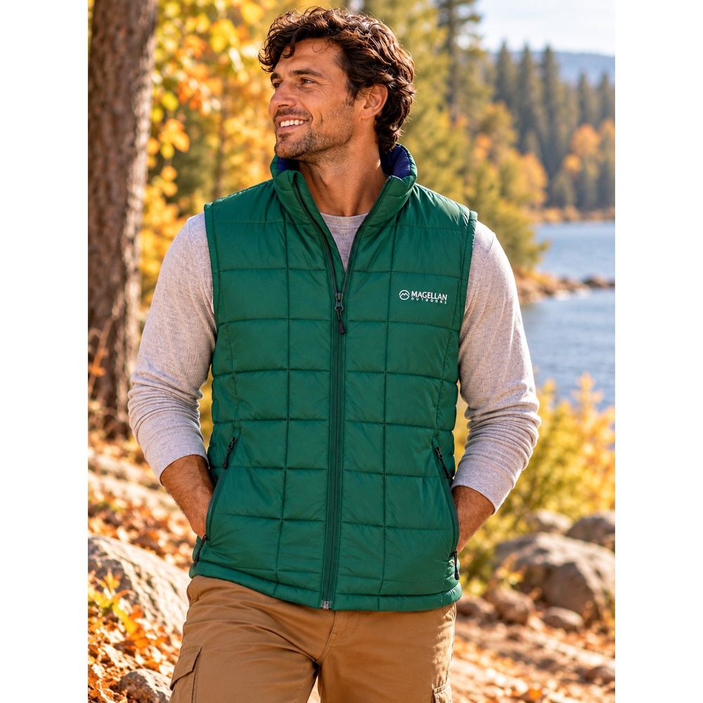 Mens Small Fall Insulated Puffer Vest Green Blue Water Resistant Gorpcore Hiking